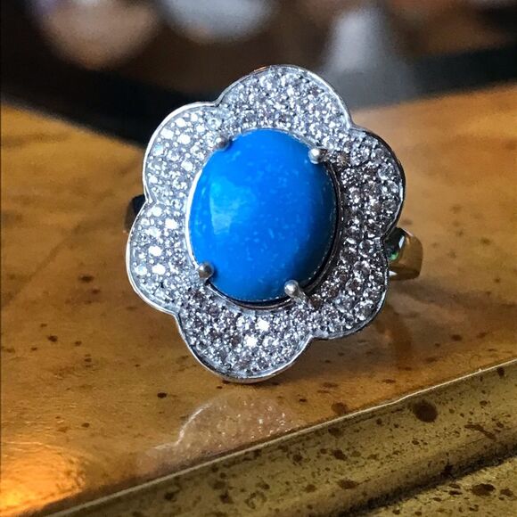 Natural Ceruleite Sterling Silver Flower Ring Size 10 - Picture 1 of 9